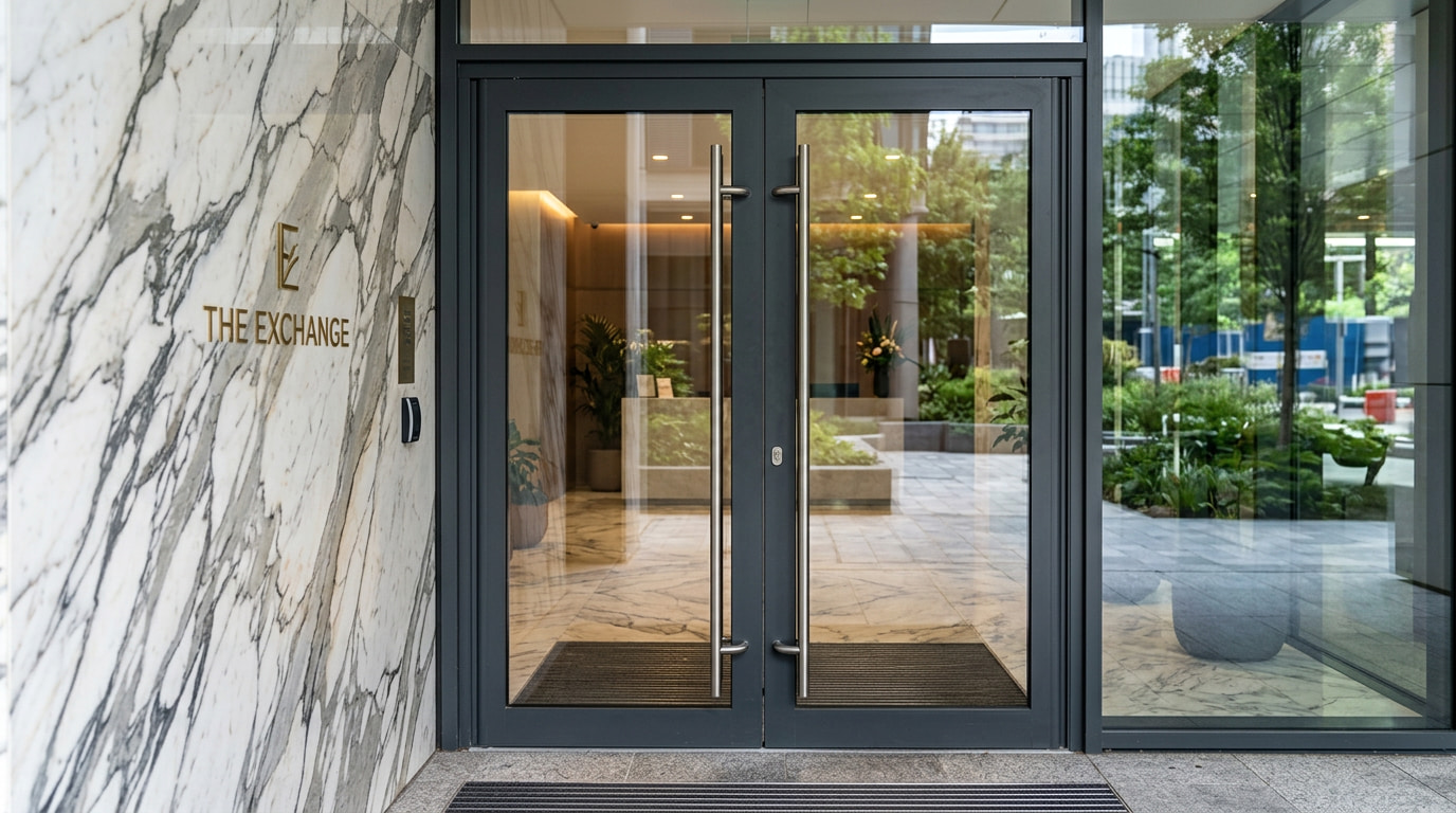 Thermally broken aluminium entrance doors with tall pull handles and sidelight
