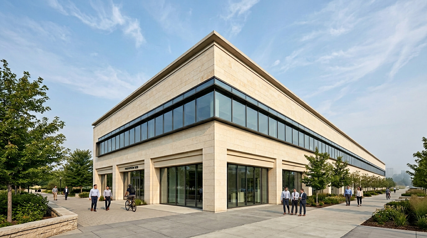 Medium-scale office — horizontal ribbon glazing and stone cladding